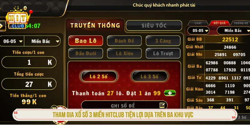 Xổ số 3 miền Hitclub có thiết kế dựa trên ba khu vực